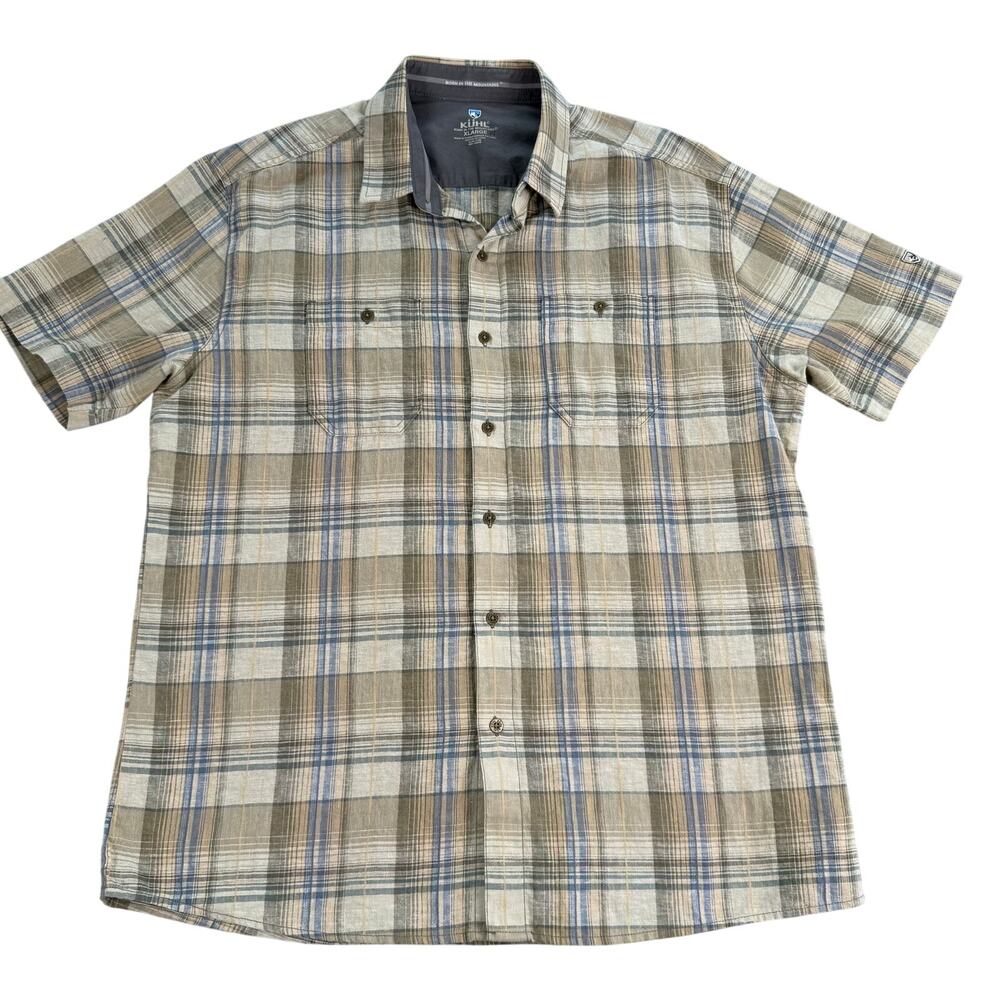 Kuhl Skorpio Shirt XL Mens Linen Blend Button Plaid Short Sleeve